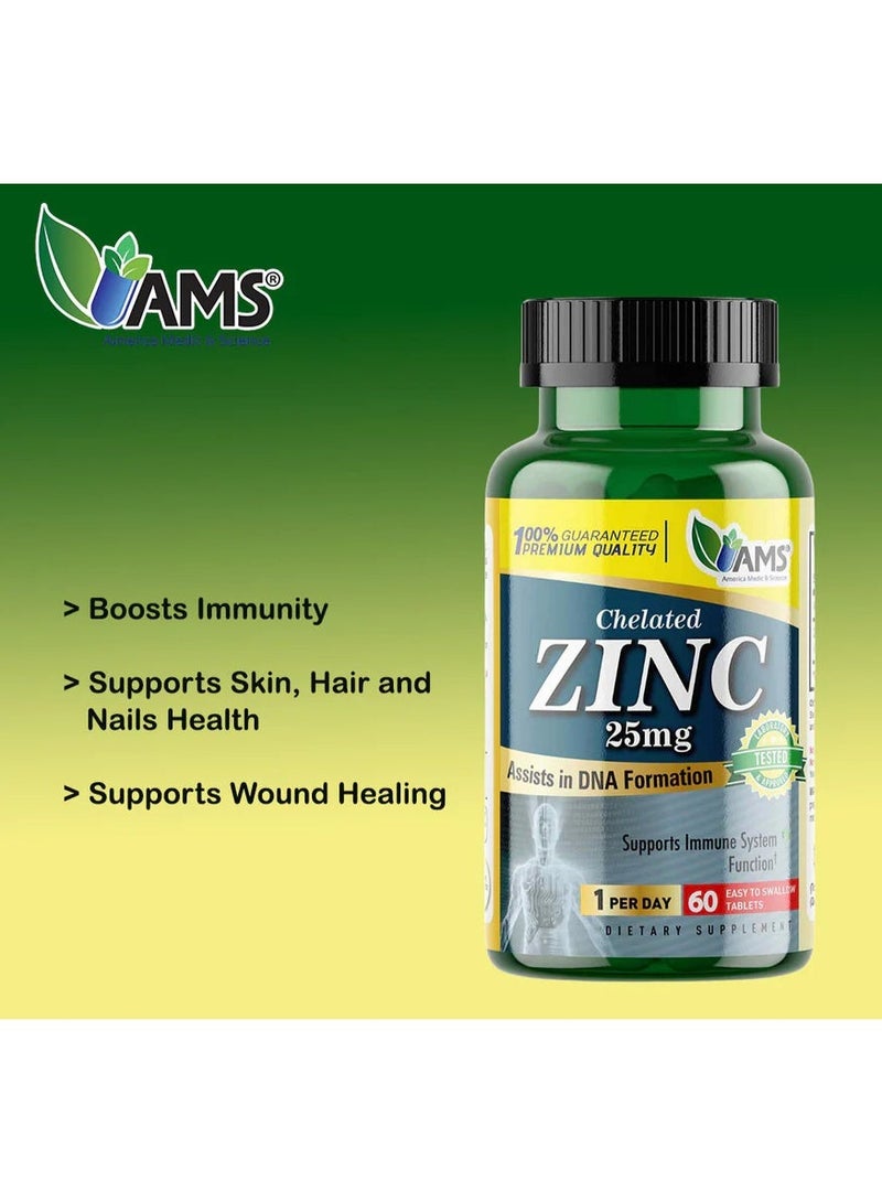 AMS Chelated Zinc 25 mg Dietary Supplement – High-Absorption Zinc Support for Immunity, Skin & Overall Health, 60 Tablets - Image 3